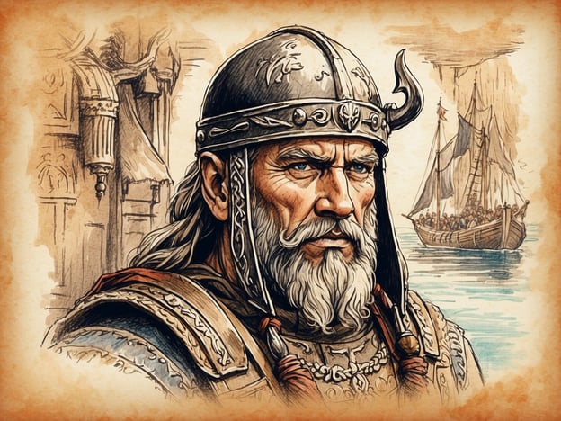 Auf dem Bild ist ein mächtiger und entschlossener Krieger oder Anführer zu sehen, der in historischer Rüstung und mit einem charakteristischen Helm abgebildet ist. Sein Gesichtsausdruck vermittelt Stärke und Autorität. Im Hintergrund erkennt man ein Wikingerschiff, das möglicherweise in Anlehnung an die Geschichte von Borkum und die Bedeutung der Insel für die Seefahrt und den Handel steht.Borkum war in der Vergangenheit ein wichtiger Handels- und Stützpunkt; die Wikinger und andere Seefahrer haben hier wahrscheinlich eine Rolle gespielt. Die Darstellung könnte somit als Hinweis auf die maritimen Traditionen und die historische Bedeutung der Insel interpretiert werden.