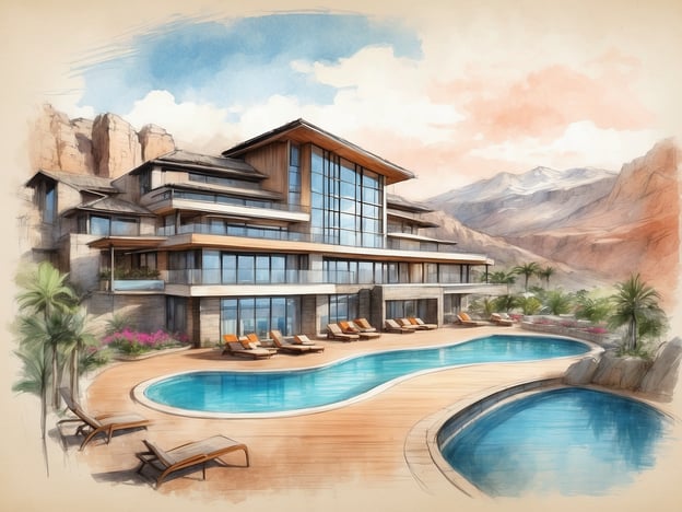 Auf dem Bild ist eine künstlerische Darstellung eines modernen Hotels zu sehen, das durch große Fenster und eine elegante Architektur besticht. Vor dem Hotel befinden sich mehrere Pools, umgeben von Liegen und tropischen Pflanzen. Im Hintergrund sind beeindruckende Berglandschaften zu sehen, die eine malerische Kulisse bieten.Das Millennium Hail Hotel könnte ähnliche Elemente aufweisen: luxuriöse Unterkünfte mit erstklassigem Service, eine entspannende Umgebung sowie Annehmlichkeiten wie Pools und Wellnessbereiche. Es ist wahrscheinlich eher auf Gäste ausgerichtet, die Erholung suchen und die Natur genießen möchten. Die künstlerische Darstellung vermittelt einen Eindruck von Eleganz und einem einladenden Ambiente.