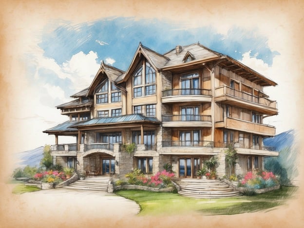 Auf dem Bild ist eine elegante, architektonisch ansprechende Villa zu sehen, die durch ihre großzügigen Fenster und das ansprechende Design besticht. Die Fassade kombiniert Holz und Stein und verleiht der Villa einen modernen sowie natürlichen Look.Für die Bewohner oder Gäste könnten in diesem Haus zahlreiche Annehmlichkeiten und Serviceangebote zur Verfügung stehen, wie beispielsweise:1. **Wellnessbereich**: Ein Spa mit Sauna und Massageangeboten für Entspannung.2. **Gastronomie**: Ein feines Restaurant oder Küchenservice, um kulinarische Genüsse zu bieten.3. **Freizeitaktivitäten**: Zugang zu Sporteinrichtungen wie einem Pool, Fitnessraum und vielleicht sogar Tennisplätzen.4. **Ausblick**: Große Terrassen, die einen atemberaubenden Blick auf die umliegende Landschaft ermöglichen.5. **Garten**: Eine gepflegte Grünfläche mit Blumenbeeten und Sitzgelegenheiten zum Entspannen im Freien.Insgesamt vermittelt das Bild ein Gefühl von Luxus und Komfort in einer angenehmen Umgebung.