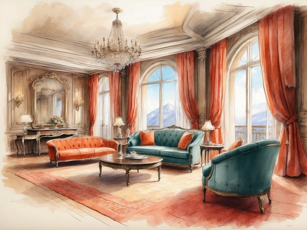 Auf dem Bild ist ein eleganter, luxuriöser Aufenthaltsraum zu sehen, der mit großen Fenstern und prächtigen Vorhängen ausgestattet ist. Es gibt bequeme Sofas in stilvollen Farben, einen eleganten Tisch in der Mitte und eine dekorative Wand mit einem Spiegel und hübschen Leuchtern.In den Zimmern und Suiten des Millennium Hotels erwartet die Gäste ein ebenso repräsentativer Stil. Die Suiten sind großzügig geschnitten und bieten oft atemberaubende Ausblicke, luxuriöse Möbel und moderne Annehmlichkeiten. Jedes Zimmer ist individuell gestaltet, um eine gemütliche und einladende Atmosphäre zu schaffen.