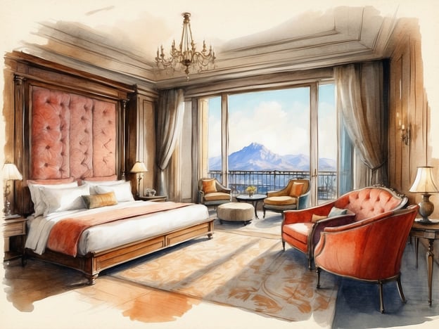 Das Bild zeigt ein elegantes Hotelzimmer mit luxuriösem Design. Zu sehen sind ein großes, stilvolles Bett mit einem gepolsterten Kopfteil in Rosa, bequeme Sessel und ein Tisch, die eine gemütliche Atmosphäre schaffen. Große Fenster bieten einen herrlichen Blick auf die Berge und lassen viel Tageslicht hinein. Die Einrichtung wirkt nobel und komfortabel, mit einem Hauch von klassischem Stil.Das Millennium Hotel ist bekannt für seinen erstklassigen Service, moderne Einrichtungen und eine zentrale Lage in bedeutenden Städten. Gäste genießen oft luxuriöse Unterkünfte, exquisite Gastronomie und Zugang zu zeitgemäßen Annehmlichkeiten, die für einen angenehmen Aufenthalt sorgen.