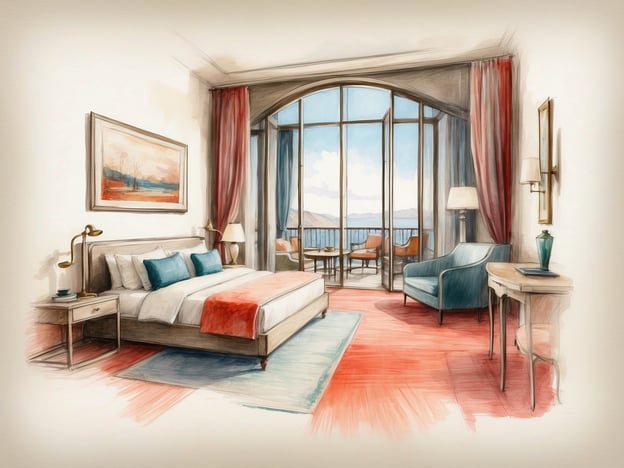 Auf dem Bild ist eine stilisierte Darstellung eines Hotelzimmers zu sehen, das modern und gemütlich gestaltet ist. Es zeigt ein großes Bett mit dekorativen Kissen, einen kleinen Tisch mit einem Stuhl und ein Fenster mit einer Aussicht auf eine Landschaft.Im Kontext des Millennium Hotel Chengdu ist bekannt, dass das Hotel luxuriöse Unterkünfte mit modernen Annehmlichkeiten bietet. Die Zimmer sind oft elegant eingerichtet und ideal für Geschäftsreisende sowie Urlauber. Das Hotel liegt in einer zentralen Lage in Chengdu, was den Gästen ermöglicht, die Stadt bequem zu erkunden. Die Einrichtungen umfassen unter anderem ein Restaurant, Fitnesscenter und Konferenzräume.