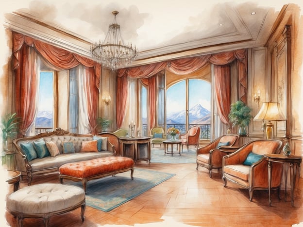 Auf dem Bild ist ein elegant eingerichteter Raum zu sehen, der an eine luxuriöse Suite eines Hotels erinnert. Der Raum hat große Fenster mit Blick auf eine Berglandschaft und ist stilvoll mit einem Kristalllüster, hochwertigen Möbeln und dekorativen Elementen ausgestattet.Das Millennium Hotel Fuqing ist bekannt für seine modernen Annehmlichkeiten und eleganten Unterkünfte. Es bietet eine Mischung aus Komfort und Luxus, ideal für Geschäftsreisende sowie Urlauber. Die Lage des Hotels ermöglicht es Gästen, eine malerische Aussicht zu genießen, während erstklassige Dienstleistungen und Einrichtungen wie Restaurants, Konferenzräume und Spa-Bereiche bereitgestellt werden.