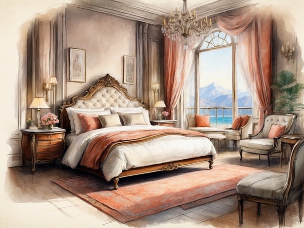 Auf dem Bild ist ein elegantes Schlafzimmer zu sehen. Es gibt ein großes, stilvolles Bett mit einem gepolsterten Kopfteil und verschiedenen Kissen. Neben dem Bett steht ein Nachttisch mit einer Lampe und einer kleinen Blumenvase.Der Raum ist beleuchtet durch ein Fenster, das einen Blick auf Berge und einen See bietet. Vor dem Fenster sind schwere Vorhänge und es gibt einen Sitzbereich mit zwei bequemen Stühlen und zusätzlichen Kissen. Der Boden ist mit einem Teppich bedeckt, und die Wände sind geschmackvoll gestaltet, was dem Zimmer eine gemütliche und luxuriöse Atmosphäre verleiht.