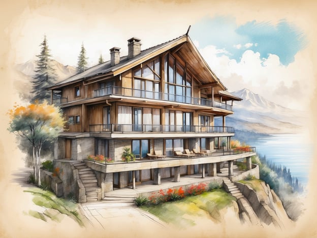 Das Bild zeigt eine idyllische, moderne Holzhütte mit großen Fenstern und mehreren Etagen. Sie ist umgeben von einer malerischen Landschaft, die Berge und einen See im Hintergrund umfasst. Im Vordergrund sind Terassen mit Liegestühlen zu sehen, umgeben von grünen Pflanzen und Blumen.Wenn man einen Überblick über das Millennium Hotel gibt, könnte man sagen, dass es sich um eine gehobene Unterkunft handelt, die sich oft in erstklassigen Lagen befindet und sowohl Komfort als auch luxuriöse Annehmlichkeiten bietet. Häufig sind solche Hotels für ihre erstklassigen Serviceleistungen, Restaurants und Wellnessbereiche bekannt.