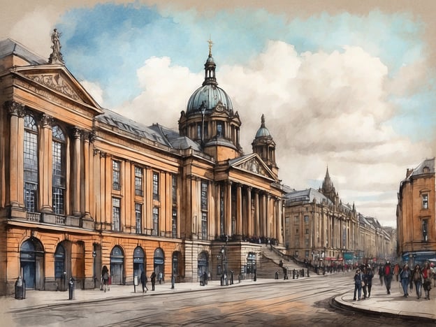 Das Bild zeigt eine prächtige Architektur mit großen, graziösen Gebäuden und beeindruckenden Fassaden, die in einem historischen Stil gehalten sind. Vor den Gebäuden läuft eine belebte Straße, in der sich Menschen bewegen. Der Himmel ist leicht bewölkt, was dem Bild eine gewisse Atmosphäre verleiht.Wenn du in Glasgow bist, könntest du diesen Ort entdecken: Er könnte in der Nähe von wichtigen Sehenswürdigkeiten wie dem George Square oder der Gallery of Modern Art liegen. Diese Bereiche sind bekannt für ihre Architektur und die lebendige Atmosphäre der Stadt. Lass dich von den historischen Gebäuden und dem städtischen Leben inspirieren!