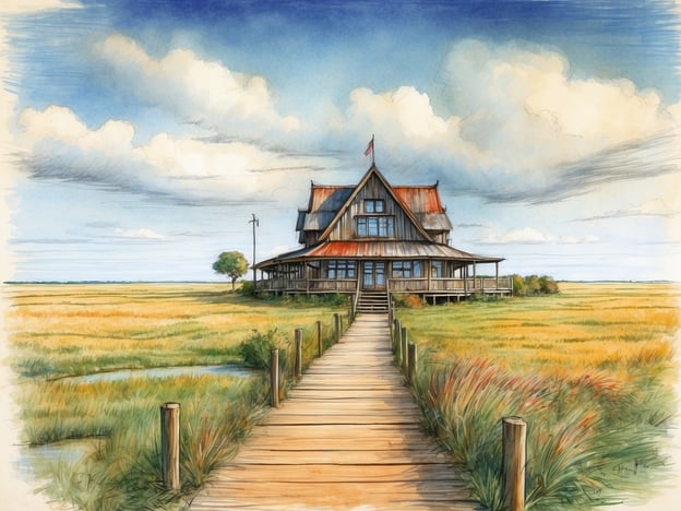 Auf dem Bild ist ein charakteristisches, großes Holzhaus zu sehen, das auf einer Wiese oder im Watt steht. Vor dem Haus führt ein Holzsteg, der zu dem Gebäude führt, durch eine malerische Landschaft, die aus weiten, grünen und goldenen Grasflächen besteht. Der Himmel ist hellblau mit einigen Wolken.Die Szene erinnert an die malerische Küstenlandschaft von Juist, einer der ostfriesischen Inseln in Deutschland. Juist ist bekannt für seine schönen Strände, das flache Terrain und die unberührte Natur, die ideal für Spaziergänge und Erholung sind. Die Architektur des Hauses vermittelt eine gemütliche, traditionelle Atmosphäre, die typisch für die Region ist.