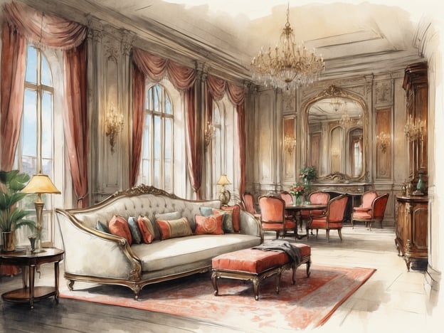 Auf dem Bild ist eine stilvolle und elegante Inneneinrichtung zu sehen, die an einen luxuriösen Aufenthaltsraum erinnert. Die Einrichtung umfasst ein schickes Sofa mit vielen Kissen, einen runden Tisch mit Stühlen und sorgfältig dekorierte Fenster mit drapierten Vorhängen. Der Raum strahlt eine opulente Atmosphäre aus, verstärkt durch einen großen Kronleuchter und hübsch arrangierte Pflanzen.Das Millennium Hotel London Knightsbridge ist bekannt für seinen exzellenten Service und die zentrale Lage in einem der exklusivsten Stadtteile Londons. Es bietet elegante Zimmer, erstklassige Annehmlichkeiten und ist in der Nähe von berühmten Einkaufsmöglichkeiten und Sehenswürdigkeiten. Die Innenräume sind oft geschmackvoll gestaltet und kombinieren klassischen Stil mit modernem Komfort, was den Gästen eine luxuriöse Erfahrung bietet.