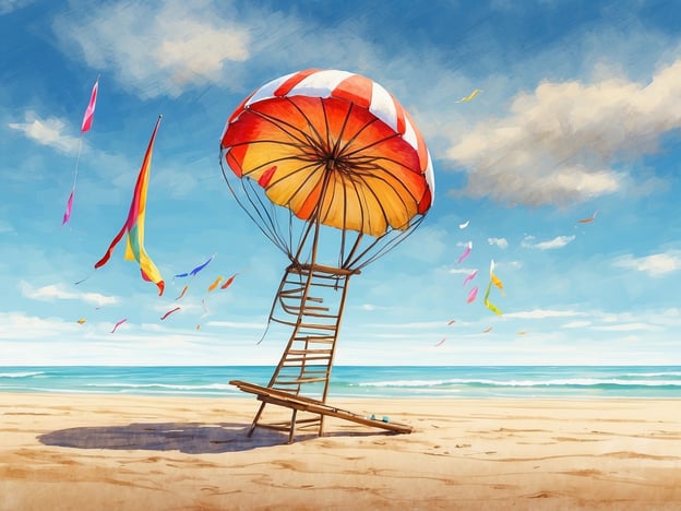 Auf dem Bild ist ein schöner Strand zu sehen, der an eine der typischen Aktivitäten auf Juist erinnert. Der sonnige Himmel und die sanften Wellen des Meeres laden dazu ein, am Strand zu entspannen. Ein Sonnenschirm steht auf dem Sand, was perfekt ist für einen entspannten Tag am Wasser.Auf Juist könnte man hier spazieren gehen, Strandspiele genießen oder einfach nur die frische Meeresluft schnuppern. Auch das Strandkorbverleih ist typisch für diese Region, wo man gemütlich im Korb sitzen und die Aussicht genießen kann. Kites oder Strandfeste könnten ebenfalls Teil eines erlebnisreichen Tages auf dieser schönen Insel sein.