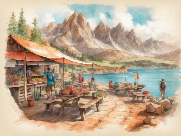Auf dem Bild ist eine malerische Szene in der Natur zu sehen, wahrscheinlich an einem See in den Bergen. Es gibt eine kleine Marktstand, wo Menschen frisches Gemüse und Obst kaufen. Umgeben von majestätischen Bergen und mit einem klaren blauen Wasser im Hintergrund, wirkt die Umgebung einladend und friedlich.In diesem Bereich könnten Aktivitäten wie Wandern, Radfahren oder Bootfahren angeboten werden. Außerdem könnten Sehenswürdigkeiten wie Aussichtspunkte mit Blick auf die Berge oder den See sowie Naturparks in der Nähe für Erkundungen und Picknicks attraktiv sein. Ein Besuch eines lokalen Handwerksmarktes oder Kulturfestivals in der Region könnte ebenfalls ein Highlight sein.