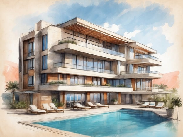 Auf dem Bild ist eine moderne Architektur zu sehen, die einem luxuriösen Hotel ähnelt. Es zeigt ein mehrstöckiges Gebäude mit großen Fenstern, Balkonen und einem Poolbereich im Vordergrund, umgeben von Liegen und grünen Pflanzen.Das Millennium Hotel Sirih Jakarta ist ein fünfsterne Hotel in der indonesischen Hauptstadt. Es bietet vielfältige Annehmlichkeiten, darunter elegante Zimmer, Restaurants, Konferenzräume und Freizeiteinrichtungen wie einen Pool und Fitnessbereich. Die Lage des Hotels ist ideal für Geschäftsreisende und Touristen, die die Stadt erkunden möchten.