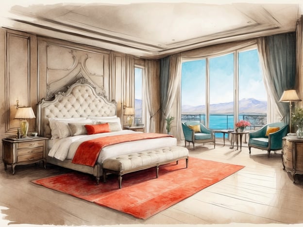 Auf dem Bild ist ein elegantes Schlafzimmer zu sehen, das an die Zimmer und Suiten im Millennium Hotel erinnert. Es verfügt über ein großes, gepolstertes Bett mit dekorativen Kissen, die eine luxuriöse Atmosphäre schaffen. Neben dem Bett stehen Nachttische mit passenden Lampen.Der Blick aus den großen Fenstern zeigt eine atemberaubende Landschaft mit Bergen und Wasser, was zu einem einladenden Ambiente beiträgt. In der Ecke des Raumes befinden sich zwei gemütliche Sessel und ein kleiner Tisch, ideal für entspannte Momente. Der moderne orientalische Teppich und die stilvollen Dekorelemente verleihen dem Zimmer eine besondere Eleganz.