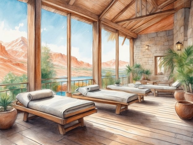 Auf dem Bild sind gemütliche Liegen in einem hellen, offenen Raum zu sehen, der durch große Fenster viel Tageslicht erhält. Die Umgebung wirkt sehr beruhigend, mit einer schönen Aussicht auf eine Landschaft mit Bergen und Wasser.Diese Einrichtung könnte für verschiedene Freizeitaktivitäten und Wellnessangebote genutzt werden, wie zum Beispiel:- **Entspannung und Wellness**: Die Liegen laden dazu ein, einfach zu entspannen und die Ruhe zu genießen, vielleicht nach einer Massage oder einer Wellnessbehandlung.- **Yoga oder Meditation**: Der Raum bietet eine ruhige Atmosphäre, die ideal für Yoga- oder Meditationsübungen ist.- **Lesen oder Entspannen**: Man könnte sich mit einem Buch zurückziehen oder einfach die Aussicht genießen.- **Gesunde Snacks und Getränke**: Die Nähe zur Natur und zum Wasser könnte auch Anlass für gesunde Erfrischungen bieten.Insgesamt vermittelt der Raum ein Gefühl von Frieden und Erholung, perfekt für Freizeitaktivitäten und Wellness.