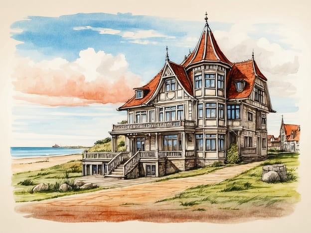 Auf dem Bild ist eine elegante, historische Villa zu sehen, die an einem Strand in der Nähe von Norderney steht. Diese Art von Architektur erinnert stark an die berühmten Bäderarchitekturen, die im 19. und 20. Jahrhundert in Nordseebädern entstanden.Die Geschichte von Norderney ist geprägt von der Entwicklung als Seebad, das immer mehr Besucher anzieht. Solche Villen waren einst Zufluchtsorte für wohlhabende Gäste, die die frische Meerluft und die heilenden Eigenschaften des Nordseeklimas genießen wollten. Die stilvolle Gestaltung der Fassade und die umliegende Natur spiegeln den Charme und die Schönheit der Insel wider, die seit jeher ein beliebtes Reiseziel ist.