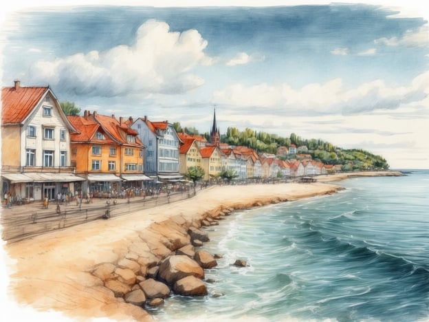 Eine Küstenansicht mit bunten, historischen Gebäuden entlang des Strandes. Links sind einige Cafés und Geschäfte zu sehen, während viele Menschen auf dem Gehweg flanieren. Das Meer ist sanft, mit Wellen, die gegen die Steine schlagen. Im Hintergrund erheben sich Hügel mit Bäumen und weiteren Gebäuden. Der Himmel ist teilweise bewölkt und bietet eine ruhige, entspannte Atmosphäre. Grömitz liegt an der Ostsee in Schleswig-Holstein, Deutschland.