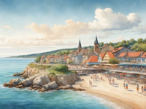 Die malerische Küstenlandschaft zeigt ein charmantes Dorf mit bunten Häusern und roten Dächern, das sich an einem Hanggelen entlang zieht. Im Vordergrund ist der Strand mit vielen Menschen zu sehen, die sich im Sand und am Wasser aufhalten. Die Wellen des klaren Wassers schlagen sanft gegen die Felsen. Im Hintergrund erheben sich zwei markante Kirchtürme über die Gebäude. Der Himmel ist hell mit einigen Wolken, was auf ein schönes Wetter hinweist. Wie ist das Wetter in Grömitz?