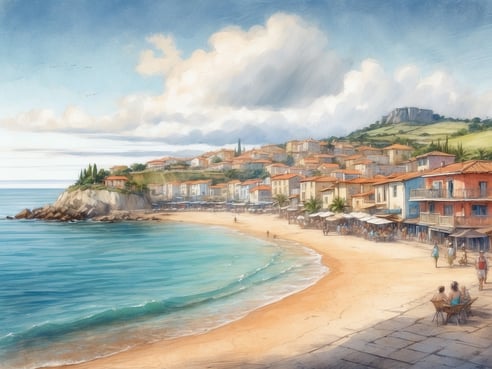 Eine malerische Küstenlandschaft mit einem Sandstrand und sanften Wellen. Im Hintergrund befinden sich farbenfrohe Häuser mit roten Dächern, die am Hang stehen. Einige Palmen und grüne Hügel ergänzen die Szenerie. Das Wasser ist klar und schimmert in verschiedenen Blautönen. Menschen spazieren am Strand, während andere in der Nähe an einem Tisch sitzen und die Aussicht genießen. Wie viele Einwohner hat Grömitz?