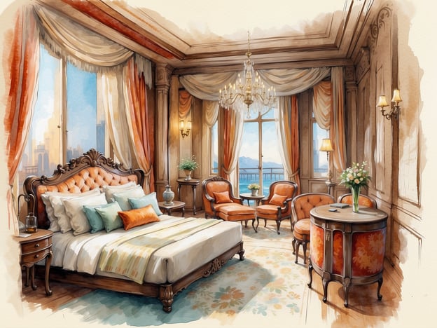 Das Bild zeigt ein luxuriöses Hotelzimmer mit eleganter Einrichtung. Die Wände sind in warmen Farben gehalten, und das Zimmer ist hell erleuchtet durch große Fenster, die einen schönen Ausblick bieten. Das Bett ist opulent, mit vielen Kissen und einem stilvollen Kopfteil. Daneben stehen gemütliche Sessel und ein kleiner Tisch, dekoriert mit Blumen.Das Millennium Madinah Airport Hotel ist bekannt für seinen Komfort und seine erstklassigen Dienstleistungen. Es bietet moderne Annehmlichkeiten in einem eleganten Ambiente und befindet sich in der Nähe des Flughafens von Medina, was es ideal für Reisende macht. Die Zimmer sind großzügig geschnitten und oft mit ansprechenden Ausblicken ausgestattet, um den Gästen eine entspannende Atmosphäre zu bieten.