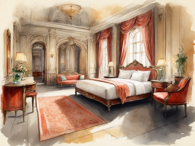 Auf dem Bild ist ein elegantes Schlafzimmer zu sehen, das luxuriös und stilvoll eingerichtet ist. Die Einrichtung weist opulente Details auf, mit einer großen Bettlandschaft, schönen Vorhängen und feinen Möbeln.Millennium Hotels, gegründet 1989, ist eine Hotelkette, die sich auf die Schaffung von unvergesslichen Erlebnissen für ihre Gäste spezialisiert hat. Die Kette ist bekannt für ihre hochwertigen Unterkünfte und ihren außergewöhnlichen Kundenservice. Jedes Hotel bietet ein einzigartiges Ambiente und wird oft in zentralen Lagen platziert, um den Gästen einen komfortablen Aufenthalt zu ermöglichen.