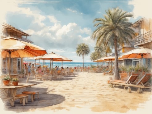 Eine sonnige Strandpromenade mit Palmen und Sonnenschirmen. Auf der rechten Seite sind Holzliegestühle und Tische mit Pflanzen zu sehen. Menschen genießen die Atmosphäre und verweilen in den Restaurants, während im Hintergrund der Strand und das Meer sichtbar sind. Die Wolken am Himmel wirken leicht und freundlich, was auf eine angenehme Tageszeit hinweist. Die Szene vermittelt ein entspanntes Urlaubsgefühl. Was ist die beste Reisezeit für Grömitz?