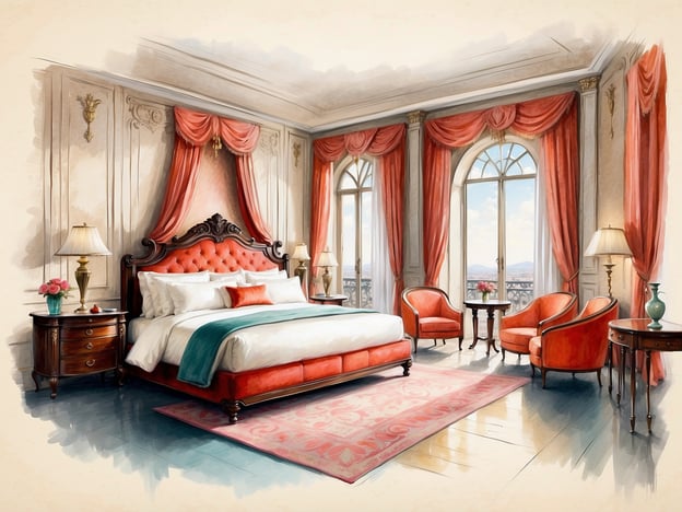 Auf dem Bild ist ein elegantes Schlafzimmer zu sehen, das mit stilvollen Möbeln ausgestattet ist. Es gibt ein großes, bequemes Bett mit einem gepolsterten Kopfteil in warmen Farben. Neben dem Bett stehen Nachttische mit Lampen. Die Raumgestaltung umfasst auch zwei kleine Tische mit roten Sesseln, die für eine gemütliche Atmosphäre sorgen.Die Fenster sind groß und lassen viel Licht herein, und die Vorhänge sind geschmackvoll drapiert. Der Boden ist hell und glänzend, was dem Raum ein luxuriöses Gefühl verleiht. Die gesamte Gestaltung könnte gut zum Millennium Madinah Al Aqeeq Hotel passen, das für seine eleganten und komfortablen Zimmer bekannt ist.