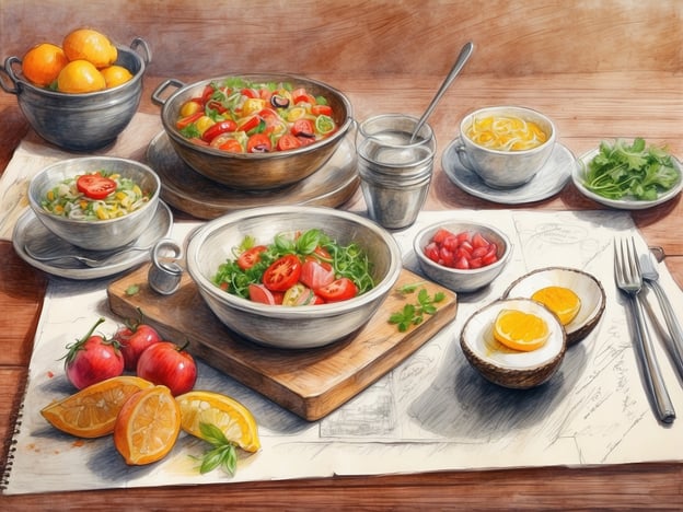 Auf dem Bild ist ein vielfältiges und ansprechendes Arrangement von Speisen zu sehen, das die Facettenreiche Gastronomie widerspiegelt. Im Vordergrund sieht man mehrere Schüsseln mit frischen, bunten Salaten, die mit Tomaten und Kräutern garniert sind. Daneben liegen zarte, halbierte Eier und frische Zitrusfrüchte, die dem Tisch eine lebendige Note verleihen.Es gibt auch weitere kleine Schalen, gefüllt mit Nudeln und weiteren Zutaten, die eine kulinarische Vielfalt zeigen. Zudem sind verschiedene Sorten von frischem Gemüse und Salat angerichtet, was auf eine gesunde und schmackhafte Zubereitung hindeutet. All dies wird von einer warmen, einladenden Holzoberfläche umrahmt, die die gesamte Anordnung ergänzt. Diese Komposition spricht die Sinne an und lädt zum Genießen ein.