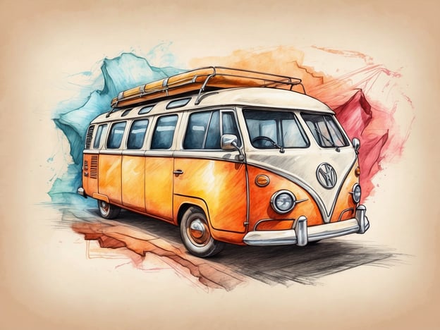Auf dem Bild ist ein stilisierter VW-Bus zu sehen, der in warmen Orange- und weißen Farben gehalten ist. Der Bus strahlt Nostalgie und Charme aus und könnte für Abenteuerreisen oder entspannte Ausflüge stehen.Einzigartige Angebote und Aktivitäten, die mit einem solchen VW-Bus in Verbindung stehen könnten, sind:1. **Roadtrip-Erlebnisse**: Mieten Sie einen VW-Bus für einen unvergesslichen Roadtrip entlang malerischer Küstenstraßen oder durch die Berge.2. **Camping-Ausflüge**: Nutzen Sie den Bus für Wochenendausflüge zum Zelten, ergänzt durch Outdoor-Aktivitäten wie Wandern oder Radfahren.3. **Fotowettbewerbe**: Veranstalten Sie Fotowettbewerbe, bei denen Teilnehmer kreative Bilder mit dem VW-Bus in verschiedenen Landschaften einreichen.4. **Retro-Events oder Festivals**: Teilnahme an Veranstaltungen, die das Flair der 60er und 70er Jahre feiern, wo der VW-Bus als Konkurrent oder Ausstellungsstück glänzen kann.5. **Themenfahrt**: Organisieren Sie spezielle Themenfahrten, z.B. zur Erkundung lokaler Brauereien oder Weingüter, während man einen nostalgischen Fahrstil genießt.