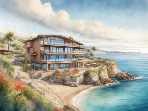 Ein modernes, mehrstöckiges Haus mit großen Fenstern steht auf einer Klippe mit Blick auf das Meer. Umgeben von Palmen und bunten Blumen, führt eine Treppe zum Strand. Die Szenerie zeigt eine friedliche Küstenlandschaft mit sanften Wellen und einem klaren Himmel. Was kostet ein Urlaub in Grömitz?