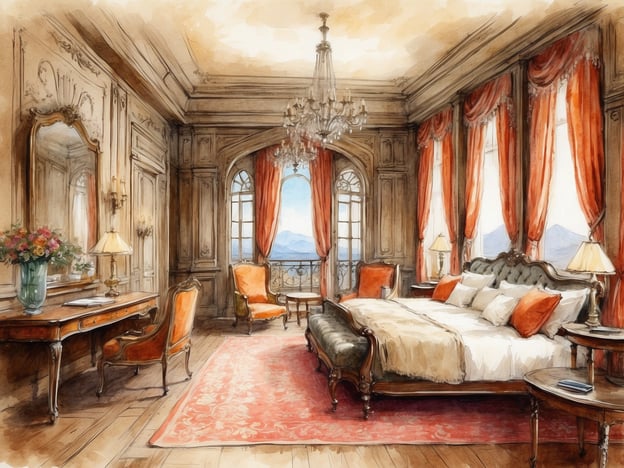 Auf dem Bild ist ein luxuriöses Hotelzimmer zu sehen, das mit opulentem Interieur gestaltet ist. Es gibt eine große, gut ausgestattete Bettenlandschaft, elegante Möbel und einen prachtvollen Kronleuchter. Die Fenster sind mit roten Vorhängen geschmückt, die einen Blick auf eine bergige Landschaft bieten.In der Geschichte des Millennium Palestine Hotels spiegelt sich der Wunsch nach Luxus und Komfort wider, der Reisende aus aller Welt anzieht. Das Hotel, bekannt für seine elegante Ausstattung und erstklassigen Service, hat im Laufe der Jahre zahlreiche prominente Gäste beherbergt und ist ein Symbol für Gastfreundschaft in der Region. Solche traumhaften Zimmer sind Teil dessen, was das Millennium Palestine Hotel zu einem begehrten Ziel für Reisende macht, die sowohl Erholung als auch ein Gefühl von Geschichte und Opulenz erleben möchten.