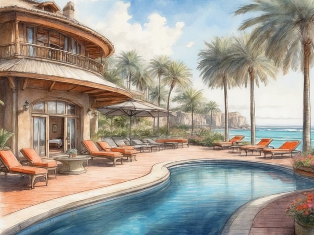 Auf dem Bild ist eine luxuriöse und einladende Poollandschaft zu sehen, die zu einem tropischen Gebäude gehört. Der Bereich ist umgeben von hohen Palmen und bietet einen Blick auf das Meer. Die Liegen sind in warmen Farben gehalten und laden zum Entspannen ein.Gästebewertungen könnten Folgendes erwähnen:- **Lage**: Viele Gäste sind begeistert von der schönen Aussicht auf das Meer und der Nähe zum Strand.- **Atmosphäre**: Die entspannte Atmosphäre und die luxuriöse Einrichtung werden oft positiv hervorgehoben.- **Service**: Häufig wird der freundliche und zuvorkommende Service gelobt, der den Aufenthalt noch angenehmer macht.- **Ausstattung**: Der Poolbereich und die Liegen werden oft als perfekte Orte zum Entspannen beschrieben.Insgesamt vermitteln die Bewertungen das Gefühl, dass dieser Ort ideal für einen erholsamen Urlaub ist.