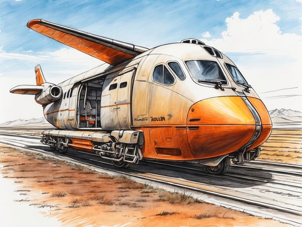 Auf dem Bild ist eine fantasievolle Darstellung eines Fahrzeugs zu sehen, das aussieht wie eine Mischung aus einem Zug und einem Flugzeug. Dieses Fahrzeug könnte eine innovative Anreise-Option darstellen, die möglicherweise sowohl Schienen- als auch Luftverkehrsanbindungen bietet.Die Verkehrsanbindung könnte durch die Möglichkeit, an Bahnhöfen zu halten und eventuell auch Flughafenanschlüsse zu haben, verbessert werden. Solch ein Transportsystem könnte den Reisenden eine flexible und schnelle Möglichkeit bieten, verschiedene Ziele zu erreichen, wobei die Kombination aus Schienen- und Luftverkehr die Effizienz und Zugänglichkeit erhöht.