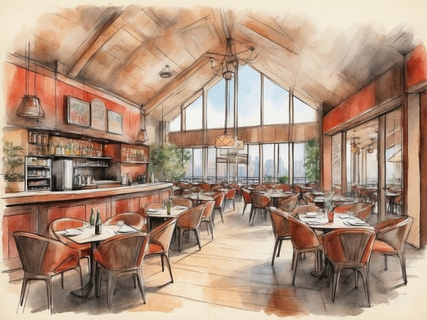 Auf dem Bild ist ein elegantes Restaurant zu sehen. Es hat große Fenster, die viel Tageslicht hereinlassen, und bietet einen schönen Blick auf die Stadt. Die Einrichtung ist modern mit stilvollen Stühlen und Tischen, die eine einladende Atmosphäre schaffen. Die Bar im Hintergrund ist gut ausgestattet und bietet eine Auswahl an Getränken.Solch ein Ort könnte ideal für ein romantisches Abendessen oder einen entspannten Brunch mit Freunden sein. Es gibt auch die Möglichkeit, in der Nähe Freizeitaktivitäten zu genießen, wie einen Spaziergang in einem Park oder den Besuch von nahegelegenen Sehenswürdigkeiten, die das Restauranterlebnis abrunden.