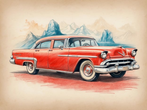 Auf dem Bild ist ein klassisches rotes Auto zu sehen, möglicherweise ein Oldtimer aus den 1950er Jahren. Es hat eine elegante Form und wirkt nostalgisch. In der Umgebung sind Berge angedeutet, was die Szenerie malerisch gestaltet.**Service:** Diese Art von Auto zieht oft auf Oldtimer-Events oder bei Ausstellungen große Aufmerksamkeit auf sich. Viele Besucher zeigen Interesse und Begeisterung für die Handwerkskunst und das Design der damaligen Zeit.**Gästebewertungen:** Häufig beschreiben Gäste, wie beeindruckt sie von der Detailtreue und dem Charme der Oldtimer sind. Viele berichten von einer nostalgischen Reise in die Vergangenheit, wenn sie solche Fahrzeuge sehen. Sie schätzen auch die Möglichkeit, in diesem Ambiente schöne Fotos zu machen und Erinnerungen zu sammeln.