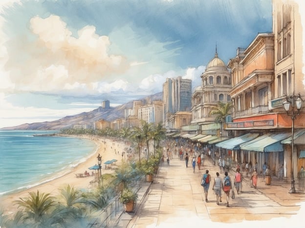 Auf dem Bild ist eine Küstenpromenade zu sehen, die sich entlang eines Strandes erstreckt. Auf der linken Seite verläuft das Meer mit klarem Wasser, während die sanften Wellen an den Sandstrand schlagen. Im Vordergrund sind Passanten zu sehen, die entlang der Promenade spazieren. Die Umgebung ist von Palmen und kleineren Pflanzen umgeben, die für ein tropisches Flair sorgen.Rechts befinden sich mehrere Gebäude mit unterschiedlicher Architektur, darunter einige prächtige und historische Bauwerke. Die Atmosphäre wirkt lebhaft, da viele Menschen die Promenade besuchen. Im Hintergrund sind Berge zu erkennen, die eine schöne Kulisse für die Szene bieten. Der Himmel ist teilweise bewölkt, was auf angenehmes Wetter hindeutet.