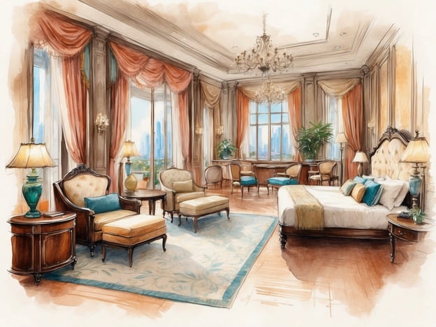 Auf dem Bild ist ein elegantes Schlafzimmer mit einem Wohnzimmerbereich zu sehen. Die Einrichtung umfasst ein großes, gemütliches Bett mit dekorativen Kissen, stilvolle Sessel und einen Couchtisch. Große Fenster sorgen für viel Tageslicht und bieten einen Ausblick auf eine Stadtlandschaft. Zudem sind dekorative Elemente wie Kronleuchter und Lampen vorhanden, die eine luxuriöse Atmosphäre schaffen.Die Ausstattung und Dienstleistungen könnten Folgendes umfassen:- Zimmerservice- Concierge-Service- Kostenloses WLAN- Reinigung- PflegeartikelInsgesamt vermittelt der Raum ein Gefühl von Komfort und Eleganz und könnte Teil eines luxuriösen Hotels oder einer gehobenen Unterkunft sein.