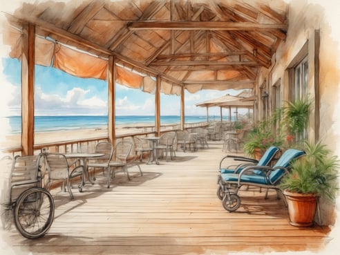 Auf dem Bild ist eine schöne Terrasse zu sehen, die direkt am Meer liegt. Die Terrasse ist mit Holzplanken ausgelegt und bietet mehrere Tische und Stühle, die zum Entspannen einladen. In der Ecke steht ein Rollstuhl, was darauf hindeutet, dass der Bereich barrierefrei sein könnte. Im Hintergrund ist der Ozean mit einem blauen Himmel und einigen Wolken sichtbar, was eine entspannende Atmosphäre schafft. Zwei blaue Liegestühle stehen ebenfalls bereit, die von grünen Pflanzen umgeben sind. Ist Grömitz barrierefrei?