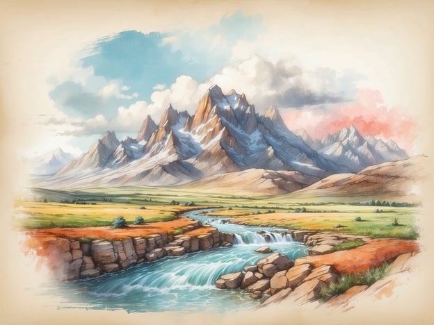 Auf dem Bild ist eine malerische Landschaft zu sehen. Im Vordergrund fließt ein klarer, schnell fließender Fluss, der sich durch eine felsige Uferlandschaft windet. An den Ufern befinden sich Gräser und kleinere Bäume.In der Mitte des Bildes erstrecken sich weite Wiesen, die mit sanften, grünen Farben gestaltet sind. Im Hintergrund erhebt sich eine majestätische Gebirgskette mit hohen, schneebedeckten Gipfeln, die von Wolken umgeben sind. Die Farben des Himmels variieren von einem klaren Blau in der oberen Bildhälfte bis zu sanften Rosa- und Grautönen, die auf den Sonnenuntergang hinweisen. Die gesamte Szene vermittelt eine friedliche und beeindruckende Atmosphäre der Natur.