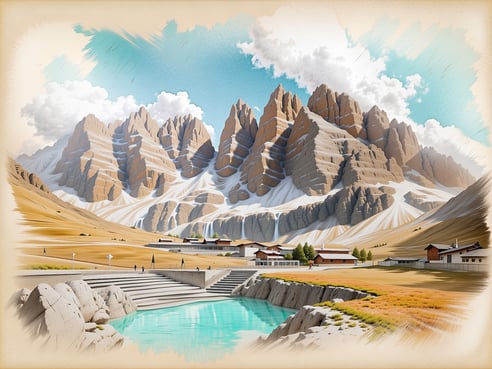 Im Bild sind majestätische Bergformationen zu sehen, die von scharfen Kanten und steilen Felsen geprägt sind, und die sich unter einem weiten, blauen Himmel mit einigen Wolken erheben. Im Vordergrund fließt ein glasklarer See, dessen Wasser sanft die Uferstruktur spiegelt. Um den See herum befinden sich Steinstufen, die den Übergang zur umgebenden Landschaft schaffen. An der rechten Seite des Bildes sind einige traditionelle Holzhäuser und vereinzelte Nadelbäume zu erkennen, die sich harmonisch in die alpine Umgebung einfügen. Die sanften Hügel und die goldenen Wiesen rundherum verleihen dem Bild eine idyllische, ruhige Atmosphäre.