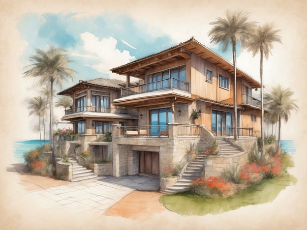 Auf dem Bild ist ein modernes, zweigeschossiges Haus zu sehen, das in einem tropischen Stil erbaut ist. Es hat große Fenster und Balkone, die viel Licht hineinlassen und einen Blick auf das Meer bieten. Um das Haus herum gibt es Palmen und bunte Pflanzen, die eine angenehme, entspannte Atmosphäre schaffen.Wohnungsoptionen könnten folgendes umfassen:1. **Luxuriöse Strandvilla**: Ideal für die, die das Meer lieben und direkten Zugang zum Strand wünschen.2. **Familienhaus mit mehreren Schlafzimmern**: Geräumig und perfekt für Familien, die Platz benötigen.3. **Ferienhaus**: Als Rückzugsort für Urlauber, die eine tropische Umgebung suchen.4. **Modernes Wohnhaus**: Für diejenigen, die Wert auf zeitgemäße Architektur und Annehmlichkeiten legen.Diese Optionen bieten unterschiedliche Lebensstile und Annehmlichkeiten, die mit der spektakulären Lage des Hauses harmonieren.