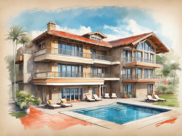 Auf dem Bild ist eine skizzenhafte Darstellung eines großzügigen, modernen Hauses zu sehen, das über mehrere Etagen verfügt. Es hat große Fenster, Terrassen und einen Swimmingpool im Vordergrund, umgeben von Pflanzen und Liegestühlen. Der Stil ist ansprechend und erinnert an luxuriöse Wohnarchitektur.Das Millennium Place Mirdif Hotel ist ein modernes Hotel in Dubai, das Komfort und Eleganz vereint. Es bietet eine Vielzahl von Zimmern und Suiten, die stilvoll eingerichtet sind. Zu den Annehmlichkeiten des Hotels gehören Pools, Fitnessstudios und verschiedene gastronomische Einrichtungen. Das Hotel ist ideal gelegen, um sowohl die lokalen Attraktionen als auch die Einkaufs- und Unterhaltungsmöglichkeiten in der Umgebung zu erreichen. Der Fokus liegt auf einem hohen Maß an Gastfreundschaft und einem unvergesslichen Aufenthalt.