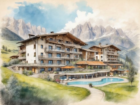 Ein beeindruckendes Wellnesshotel in Südtirol, umgeben von malerischen Bergen. Das Gebäude kombiniert traditionelles Design mit modernen Elementen und verfügt über großzügige Terrassen, die zu einem einladenden Poolbereich führen. Der Pool ist sanft in die Landschaft integriert und von gepflegten Grünflächen sowie bunten Blumen umgeben. Die majestätischen Dolomiten im Hintergrund verleihen der Szenerie eine atemberaubende Kulisse, die Ruhe und Entspannung ausstrahlt. Ideal für Urlauber auf der Suche nach Erholung in einer traumhaften Umgebung.