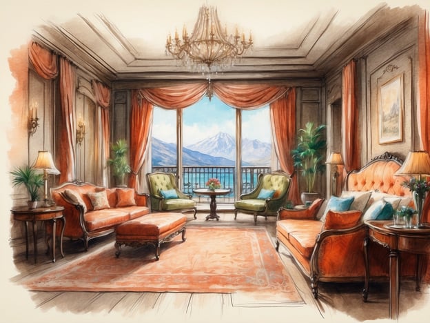 Auf dem Bild ist ein elegantes Wohnzimmer zu sehen. Es ist großzügig und geschmackvoll eingerichtet, mit einem prächtigen Kronleuchter an der Decke. Die Wände sind mit stilvollen Vorhängen und Kunstwerken dekoriert.Im Raum stehen mehrere gemütliche Sitzgelegenheiten, darunter ein oranger Couch und ein grüner Sessel, die um einen zentralen Couchtisch gruppiert sind. Ein Teppich mit einem ansprechenden Muster verleiht dem Raum Wärme und Stil. Zu den Annehmlichkeiten gehören auch Pflanzenelemente, die für Frische sorgen, und Lampen, die sanftes Licht spenden. Ein großer Fensterbereich ermöglicht einen herrlichen Blick auf die Berge und den Wasserbereich außerhalb.