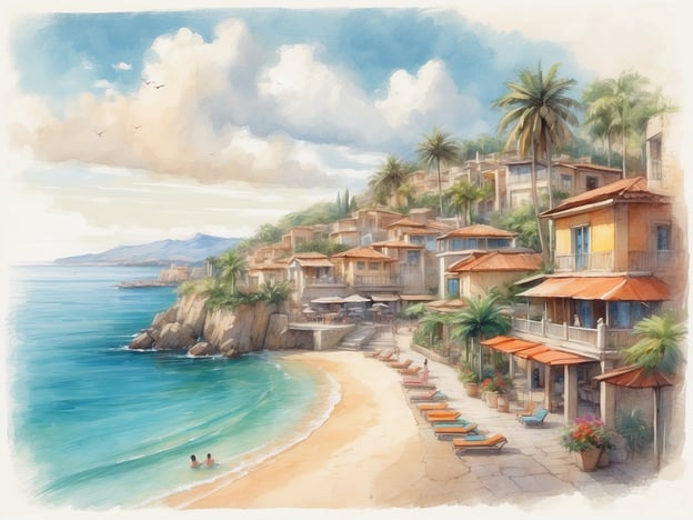 Auf dem Bild ist eine malerische Küstenlandschaft zu sehen. Die Szene zeigt einen Strand mit sanften Wellen, die an den goldenen Sandspielfläche plätschern. Im Vordergrund sind zwei Personen im Wasser, und am Strand sind mehrere Liegestühle in bunten Farben aufgereiht.Im Hintergrund erheben sich eine Reihe von charmanten Häuschen und Villen, die an einem Hang gebaut sind, umgeben von Palmen und üppigem Grün. Der Himmel ist leicht bewölkt, aber es scheinen auch Sonnenstrahlen durch die Wolken zu dringen, was der Szene eine entspannende Atmosphäre verleiht. Am Horizont sind sanfte Hügel oder Berge zu sehen, die die Küstenlinie umrahmen.