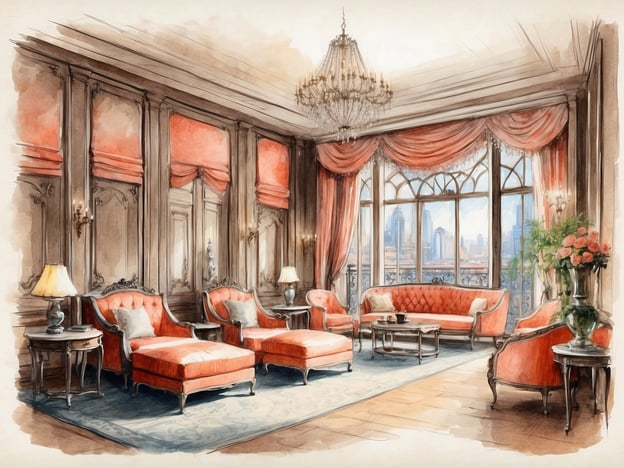 Auf dem Bild ist ein eleganter und stilvoller Wohnraum zu sehen, der durch opulente Möbel und große Fenster besticht. Die Einrichtung trägt eine klassisch-renovierte Atmosphäre mit roten Polstermöbeln und einem prachtvollen Kronleuchter.Falls Sie nach einer Unterkunft im Millennium Plaza Downtown Suites Dubai suchen, können Sie dort luxuriöse Suiten mit modernem Komfort erwarten. Diese Suiten bieten häufig großen Wohnraum, gut ausgestattete Küchenbereiche und atemberaubende Ausblicke auf die Stadt. Außerdem gibt es zahlreiche Annehmlichkeiten, darunter ein Fitnesscenter, einen Pool und Spa-Behandlungen, um Ihren Aufenthalt noch angenehmer zu gestalten.