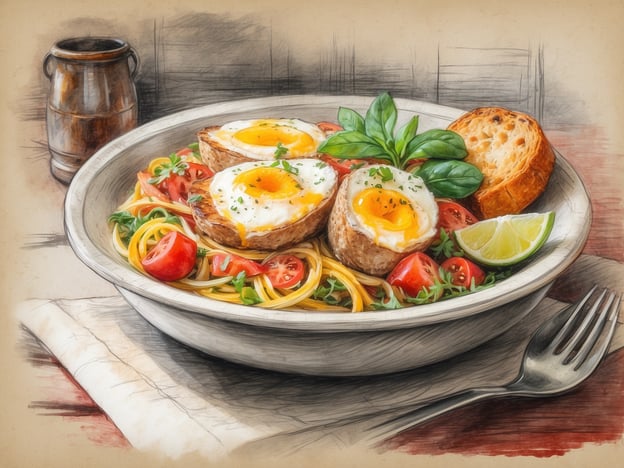 Auf dem Bild ist ein köstliches kulinarisches Gericht zu sehen, das aus frisch zubereiteten Eiern, Spaghetti und Tomaten besteht. Diese Kombination bietet ein reichhaltiges Geschmackserlebnis, ideal für ein Frühstück oder Brunch im Hotel.In vielen Hotels wird besonderes Augenmerk auf die kulinarischen Erlebnisse gelegt, oft mit einem Fokus auf lokale Zutaten. Vielleicht wird das Gericht von frischem Brot begleitet, das perfekt zum Eintunken in die Eier dient. In der Umgebung könnten ähnliche lokale Spezialitäten angeboten werden, die die gastronomische Vielfalt der Region widerspiegeln. Dies fördert nicht nur das Geschmackserlebnis, sondern auch die Entdeckung neuer Aromen, die man beim Genuss eines Aufenthalts im Hotel genießen kann.