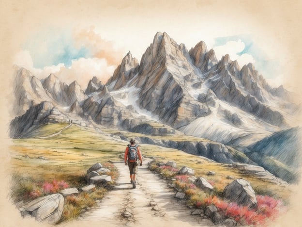 Auf dem Bild ist eine malerische Berglandschaft zu sehen, in der eine Person auf einem Wanderweg entlang spaziert. Solche Naturschönheiten bieten zahlreiche Freizeit- und Entspannungsmöglichkeiten für Gäste.Hier sind einige Vorschläge:1. **Wandern**: Die majestätischen Berge laden zu ausgedehnten Wanderungen ein, sowohl für Anfänger als auch für erfahrene Wanderer.2. **Picknicks**: Die idyllische Umgebung eignet sich hervorragend für ein entspanntes Picknick in der Natur.3. **Fotografie**: Die beeindruckende Landschaft bietet perfekte Motive für Fotografen, um die Schönheit der Natur festzuhalten.4. **Vogelbeobachtung**: Die ruhige Umgebung ist ideal, um verschiedene Vogelarten zu beobachten und mehr über die lokale Fauna zu lernen.5. **Entspannung**: Gäste können einfach die Aussicht genießen und sich in der frischen Luft entspannen.6. **Naturführungen**: Geführte Touren bieten die Möglichkeit, mehr über die Flora und Fauna der Region zu erfahren.Diese Aktivitäten fördern nicht nur die Erholung, sondern auch das Bewusstsein für die Natur.