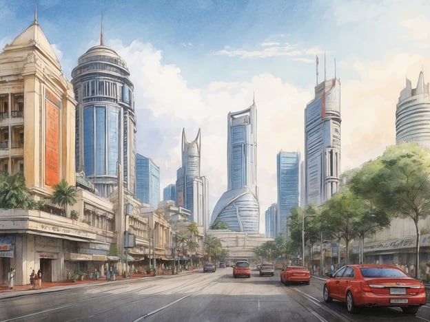 Auf dem Bild ist eine moderne Stadtlandschaft zu sehen, die von hoch aufragenden Wolkenkratzern und geschäftigen Straßen geprägt ist. Die Architektur variiert zwischen historischen und zeitgenössischen Gebäuden, was einen interessanten Kontrast schafft. Im Vordergrund sind Autos und Passanten zu sehen, während im Hintergrund der Himmel blau und einige Wolken zu sehen sind.Die Millennium Residences befinden sich im Herzen von Shanghai, was auf eine dynamische Stadtumgebung hinweist. Die dargestellten Wolkenkratzer könnten in der Nähe dieser Wohnanlage liegen und die moderne urbanistische Entwicklung von Shanghai widerspiegeln. Der Mix aus alt und neu in der Architektur sieht aus, als könnte er die lebendige Atmosphäre des Stadtteils unterstreichen.