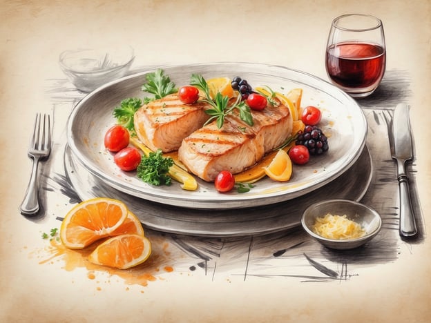 Auf dem Bild ist ein kunstvoll angerichteter Teller mit gegrilltem Fisch zu sehen, begleitet von frischen Tomaten, Kräutern und Zitrusfrüchten. Daneben befindet sich ein Glas Rotwein und eine kleine Schale mit einer weiteren Zutat, möglicherweise einer Beilage.Die kulinarischen Erlebnisse im Millennium Hotels bieten eine Vielzahl von gehobenen Speisen und exquisite Präsentationen, die den Gästen ein unvergessliches Geschmackserlebnis garantieren. Die Kombination aus frisch zubereiteten Gerichten und einer ansprechenden Atmosphäre macht jedes Essen zu etwas Besonderem.