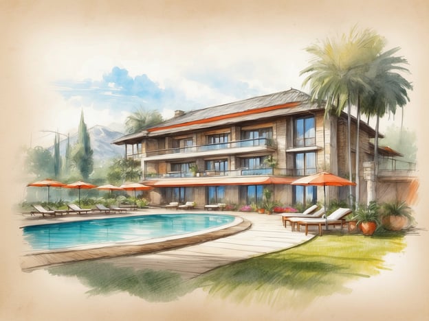 Das Bild zeigt eine künstlerische Darstellung eines Resorts mit einem modernen Gebäude, einem Pool und Liegestühlen. Die Umgebung wirkt tropisch, mit Palmen und vielen Pflanzen.Das Millennium Resort Hangzhou ist bekannt für seine luxuriösen Unterkünfte und malerische Lage in der Nähe des berühmten Westsees. Es bietet eine entspannende Atmosphäre und eine Vielzahl von Annehmlichkeiten, darunter Wellnessangebote, Restaurants und Veranstaltungsmöglichkeiten. Gäste können die Schönheit der Natur genießen und gleichzeitig erstklassigen Service erleben.