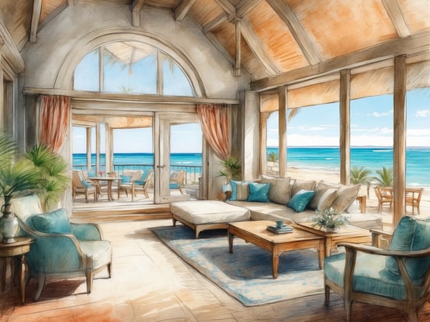 Das Bild zeigt eine elegante und geräumige Innenansicht eines Strandhauses oder einer Suite. Der Raum ist hell und freundlich gestaltet, mit großen Fenstern, die einen herrlichen Ausblick auf das Meer und den Strand bieten. Die Einrichtung besteht aus bequemen Sofas, einem Tisch und stilvollen Stühlen, die zum Entspannen einladen.Das Millennium Resort Salalah ist bekannt für seine luxuriösen Unterkünfte, erstklassigen Annehmlichkeiten und die malerische Lage am Strand. Gäste können eine Vielzahl von Dienstleistungen genießen, darunter entspannende Spa-Behandlungen, feine Restaurants und Aktivitäten, die es ermöglichen, die natürliche Schönheit der umliegenden Landschaft zu erkunden. Das Resort bietet den perfekten Ort für einen erholsamen Urlaub mit Blick auf das glitzernde Wasser des Indischen Ozeans.